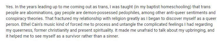 -Response 61 (Rural Ohio, Lesbian Trans Female, Raised Revelation Baptist, Not-sure/Spiritual)